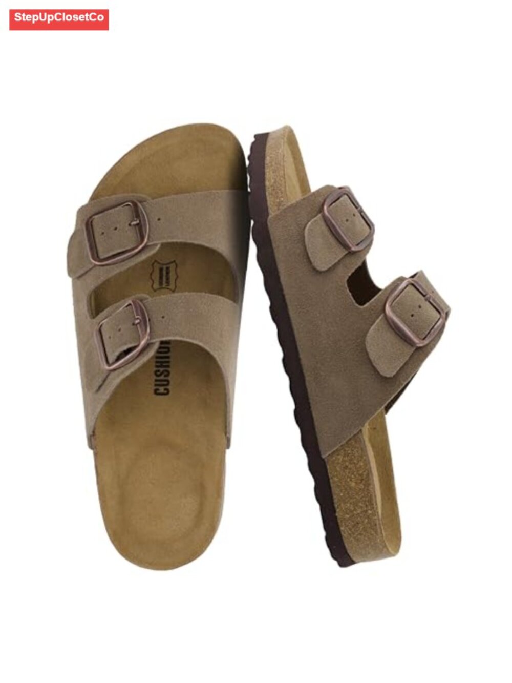 Genuine Leather Suede Slides with Cushioned Cork Footbed and Adjustable Buckles